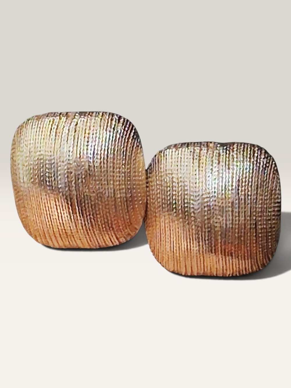 Vintage Gold Tone Textured Square Ribbed Clip On Earrings